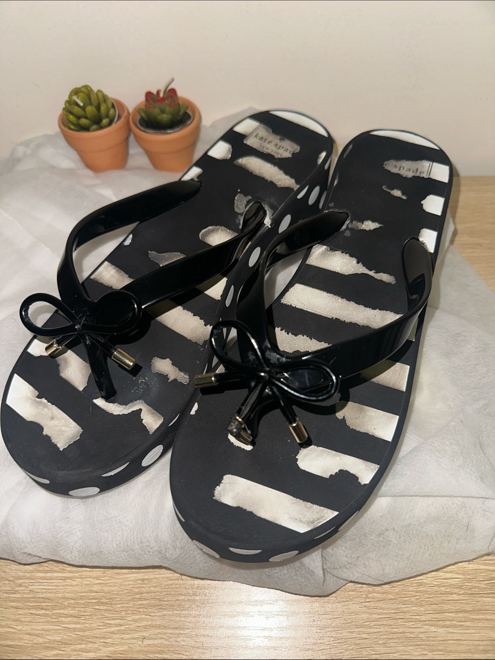 Kate Spade New York "Rhett" Black & White Striped Wedge Flip-Flops - Size 11